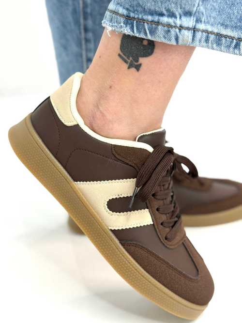 B319 Sneakersy Damskie Trampki W Stylu Retro– Modne Buty Sportowe z Paskami Ekoskóra Brąz + Beż