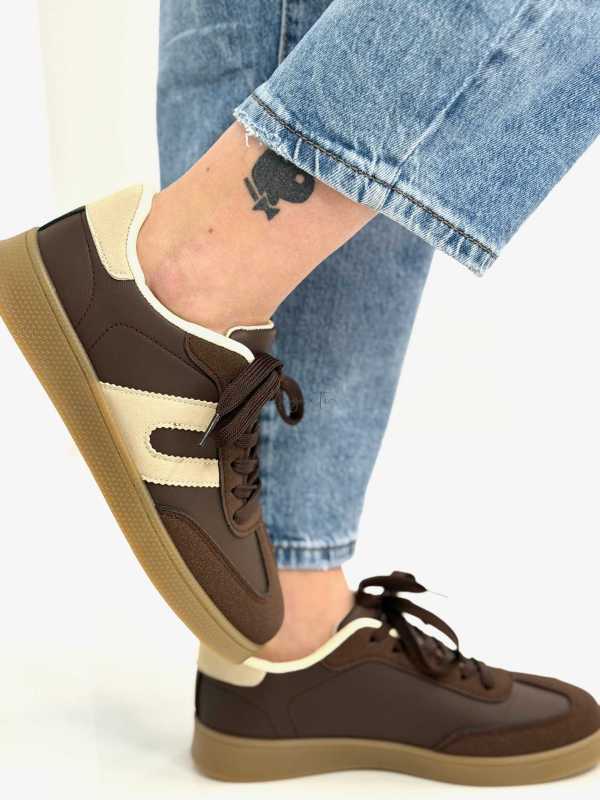 B319 Sneakersy Damskie Trampki W Stylu Retro– Modne Buty Sportowe z Paskami Ekoskóra Brąz + Beż