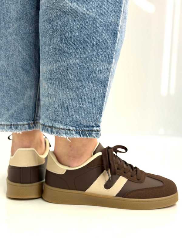 B319 Sneakersy Damskie Trampki W Stylu Retro– Modne Buty Sportowe z Paskami Ekoskóra Brąz + Beż