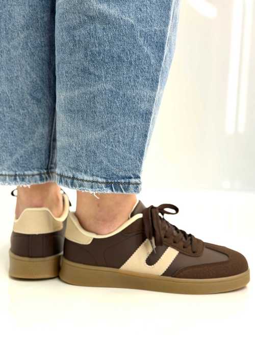 B319 Sneakersy Damskie Trampki W Stylu Retro– Modne Buty Sportowe z Paskami Ekoskóra Brąz + Beż