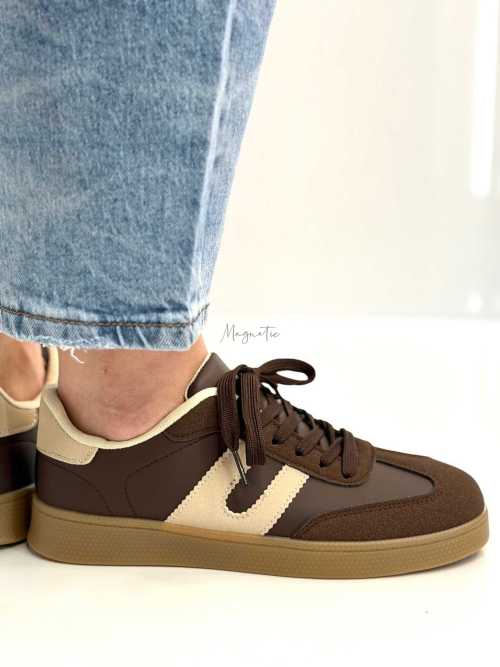 B319 Sneakersy Damskie Trampki W Stylu Retro– Modne Buty Sportowe z Paskami Ekoskóra Brąz + Beż