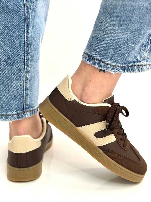 B319 Sneakersy Damskie Trampki W Stylu Retro– Modne Buty Sportowe z Paskami Ekoskóra Brąz + Beż