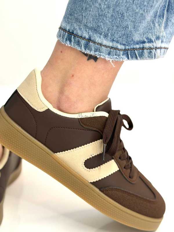 B319 Sneakersy Damskie Trampki W Stylu Retro– Modne Buty Sportowe z Paskami Ekoskóra Brąz + Beż