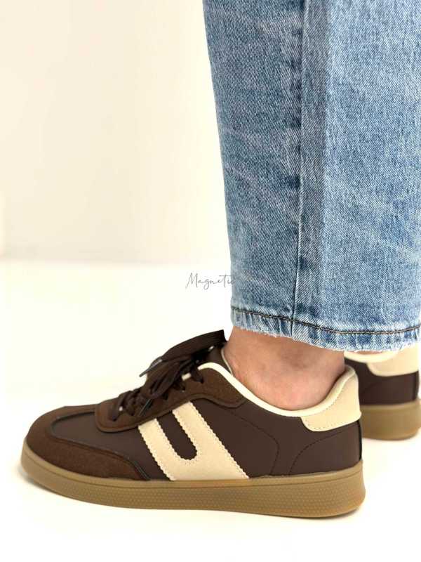 B319 Sneakersy Damskie Trampki W Stylu Retro– Modne Buty Sportowe z Paskami Ekoskóra Brąz + Beż