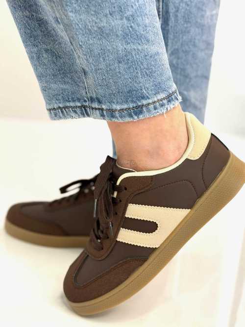 B319 Sneakersy Damskie Trampki W Stylu Retro– Modne Buty Sportowe z Paskami Ekoskóra Brąz + Beż