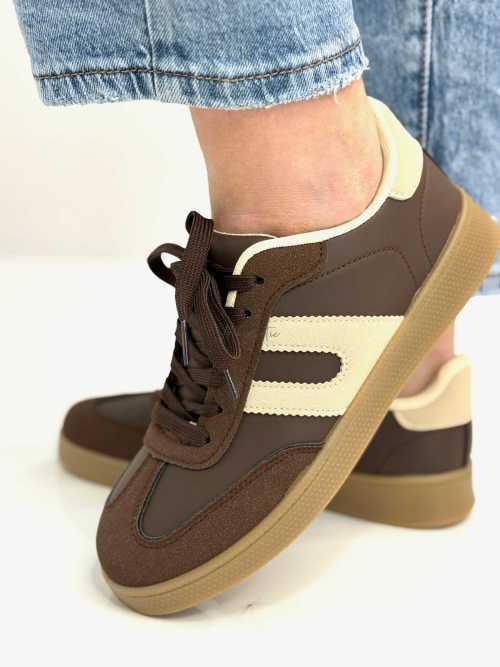 B319 Sneakersy Damskie Trampki W Stylu Retro– Modne Buty Sportowe z Paskami Ekoskóra Brąz + Beż