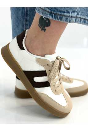 B319 Sneakersy Damskie Trampki W Stylu Retro– Modne Buty Sportowe z Paskami Ekoskóra Biało + Brązowe