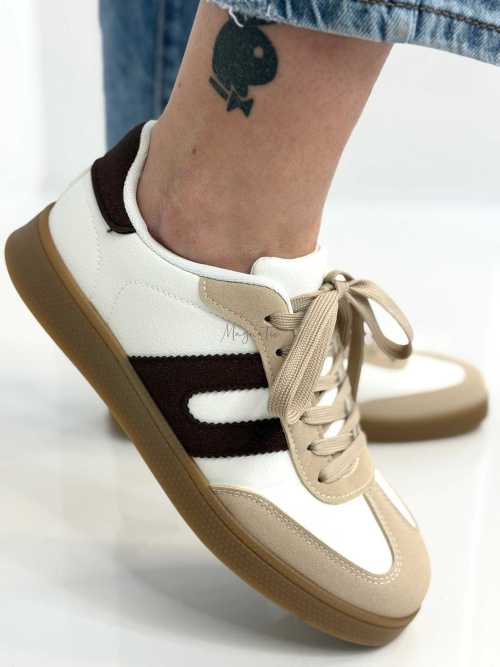 B319 Sneakersy Damskie Trampki W Stylu Retro– Modne Buty Sportowe z Paskami Ekoskóra Biało + Brązowe