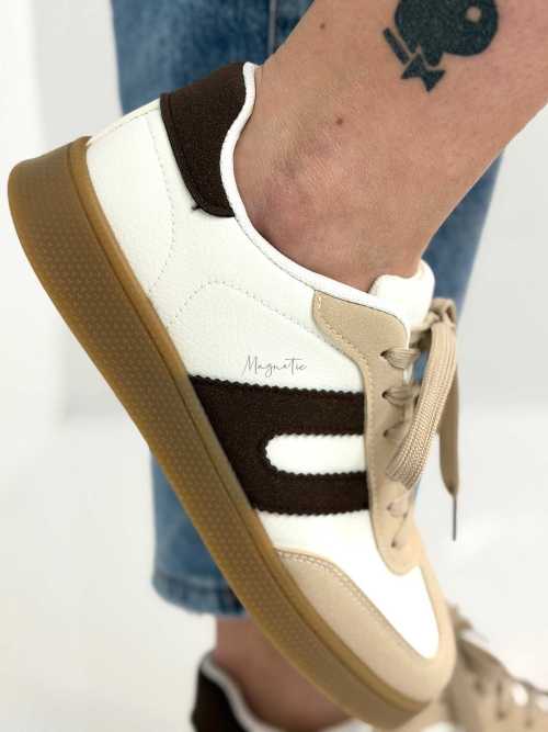 B319 Sneakersy Damskie Trampki W Stylu Retro– Modne Buty Sportowe z Paskami Ekoskóra Biało + Brązowe