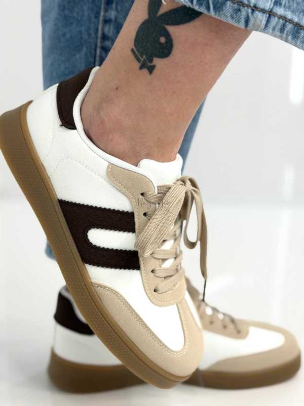 B319 Sneakersy Damskie Trampki W Stylu Retro– Modne Buty Sportowe z Paskami Ekoskóra Biało + Brązowe