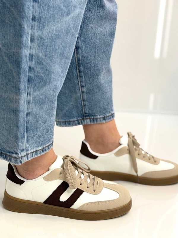 B319 Sneakersy Damskie Trampki W Stylu Retro– Modne Buty Sportowe z Paskami Ekoskóra Biało + Brązowe
