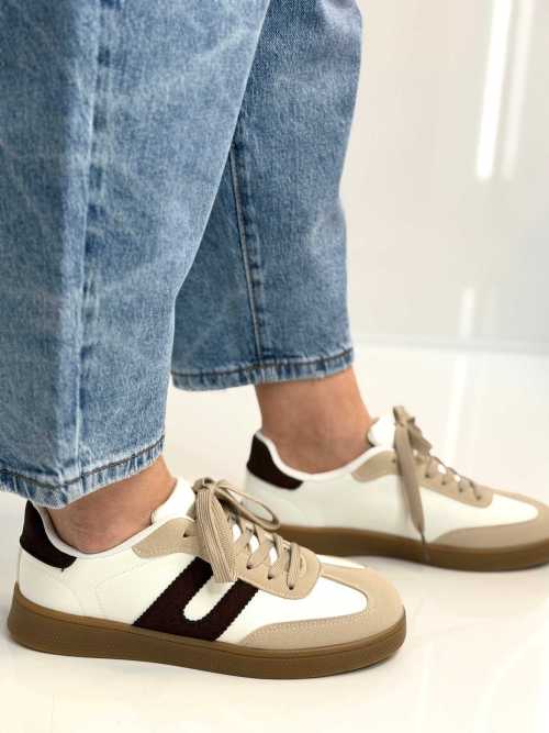 B319 Sneakersy Damskie Trampki W Stylu Retro– Modne Buty Sportowe z Paskami Ekoskóra Biało + Brązowe
