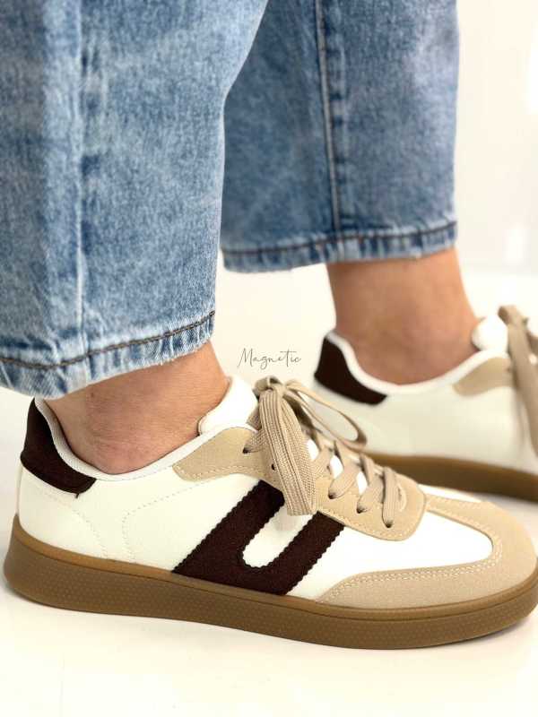 B319 Sneakersy Damskie Trampki W Stylu Retro– Modne Buty Sportowe z Paskami Ekoskóra Biało + Brązowe