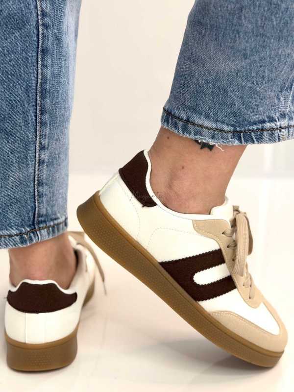 B319 Sneakersy Damskie Trampki W Stylu Retro– Modne Buty Sportowe z Paskami Ekoskóra Biało + Brązowe