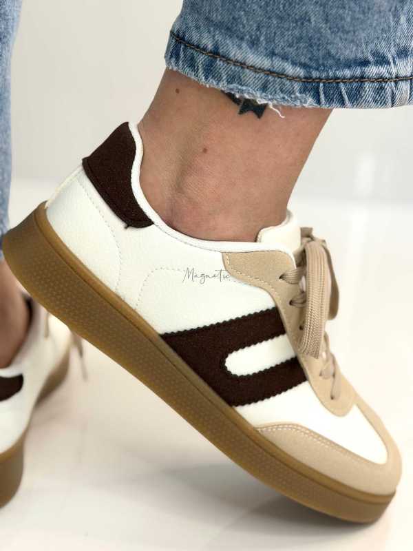 B319 Sneakersy Damskie Trampki W Stylu Retro– Modne Buty Sportowe z Paskami Ekoskóra Biało + Brązowe