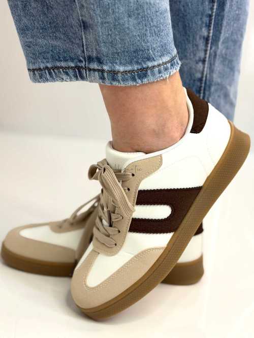 B319 Sneakersy Damskie Trampki W Stylu Retro– Modne Buty Sportowe z Paskami Ekoskóra Biało + Brązowe