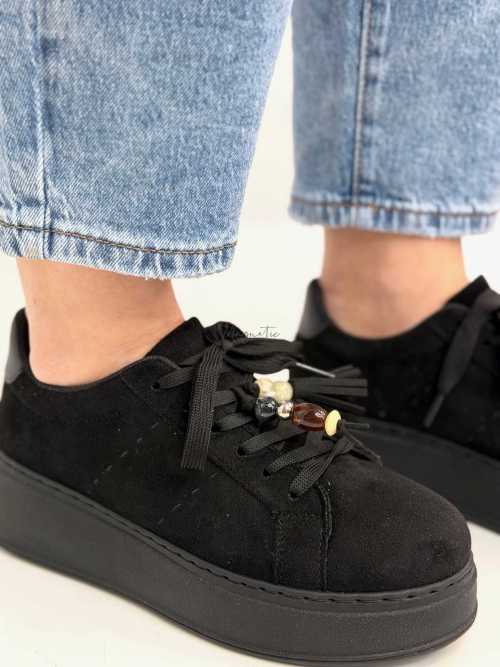 B317 Sneakersy Damskie Czarne Na Platformie Modne Buty Sportowe z Cyrkoniami i Złotymi Dodatkami, Ekoskóra Zamszowa