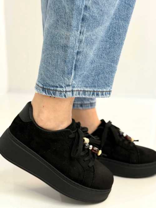 B317 Sneakersy Damskie Czarne Na Platformie Modne Buty Sportowe z Cyrkoniami i Złotymi Dodatkami, Ekoskóra Zamszowa