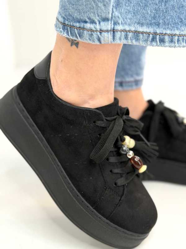 B317 Sneakersy Damskie Czarne Na Platformie Modne Buty Sportowe z Cyrkoniami i Złotymi Dodatkami, Ekoskóra Zamszowa