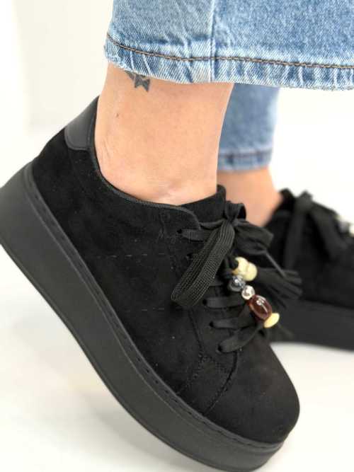 B317 Sneakersy Damskie Czarne Na Platformie Modne Buty Sportowe z Cyrkoniami i Złotymi Dodatkami, Ekoskóra Zamszowa