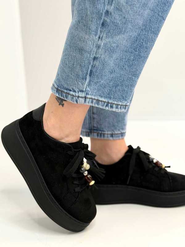 B317 Sneakersy Damskie Czarne Na Platformie Modne Buty Sportowe z Cyrkoniami i Złotymi Dodatkami, Ekoskóra Zamszowa