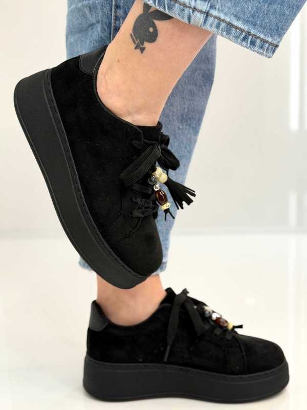 B317 Sneakersy Damskie Czarne Na Platformie Modne Buty Sportowe z Cyrkoniami i Złotymi Dodatkami, Ekoskóra Zamszowa
