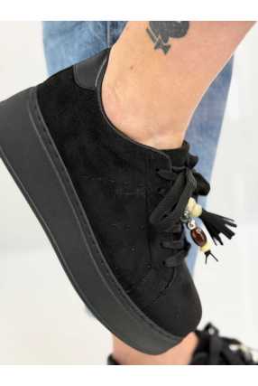 B317 Sneakersy Damskie Czarne Na Platformie Modne Buty Sportowe z Cyrkoniami i Złotymi Dodatkami, Ekoskóra Zamszowa