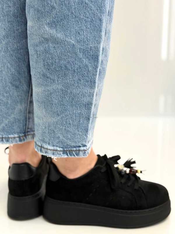 B317 Sneakersy Damskie Czarne Na Platformie Modne Buty Sportowe z Cyrkoniami i Złotymi Dodatkami, Ekoskóra Zamszowa