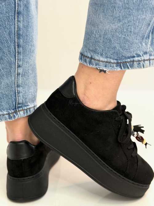 B317 Sneakersy Damskie Czarne Na Platformie Modne Buty Sportowe z Cyrkoniami i Złotymi Dodatkami, Ekoskóra Zamszowa