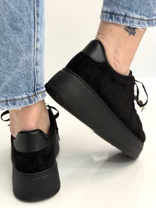 B317 Sneakersy Damskie Czarne Na Platformie Modne Buty Sportowe z Cyrkoniami i Złotymi Dodatkami, Ekoskóra Zamszowa