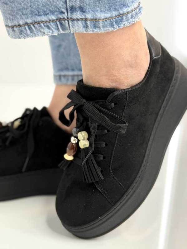 B317 Sneakersy Damskie Czarne Na Platformie Modne Buty Sportowe z Cyrkoniami i Złotymi Dodatkami, Ekoskóra Zamszowa