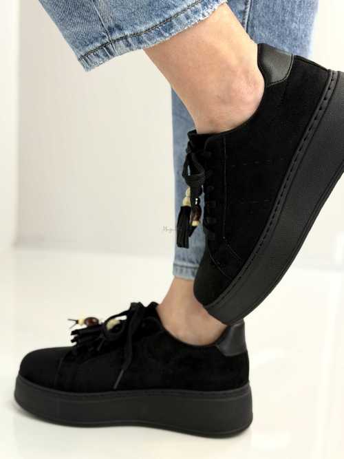 B317 Sneakersy Damskie Czarne Na Platformie Modne Buty Sportowe z Cyrkoniami i Złotymi Dodatkami, Ekoskóra Zamszowa