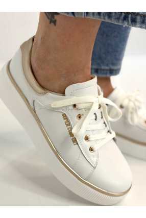 B318 Buty Sneakersy Damskie Premium Skóra Naturalna Biało-Złote na Platformie