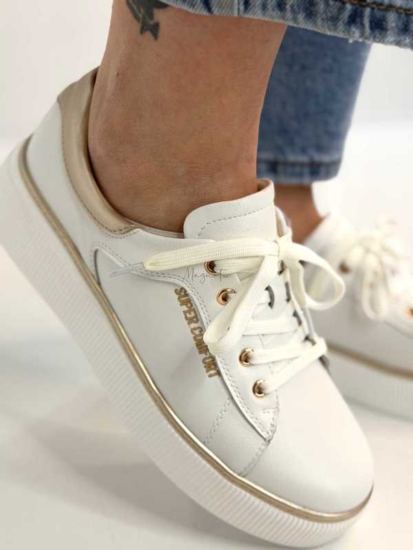 B318 Buty Sneakersy Damskie Premium Skóra Naturalna Biało-Złote na Platformie