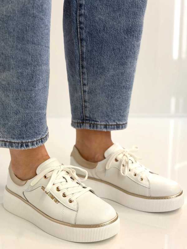 B318 Buty Sneakersy Damskie Premium Skóra Naturalna Biało-Złote na Platformie