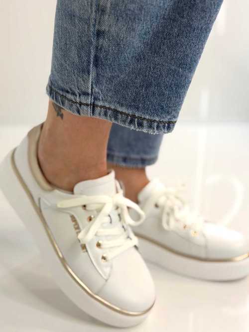 B318 Buty Sneakersy Damskie Premium Skóra Naturalna Biało-Złote na Platformie