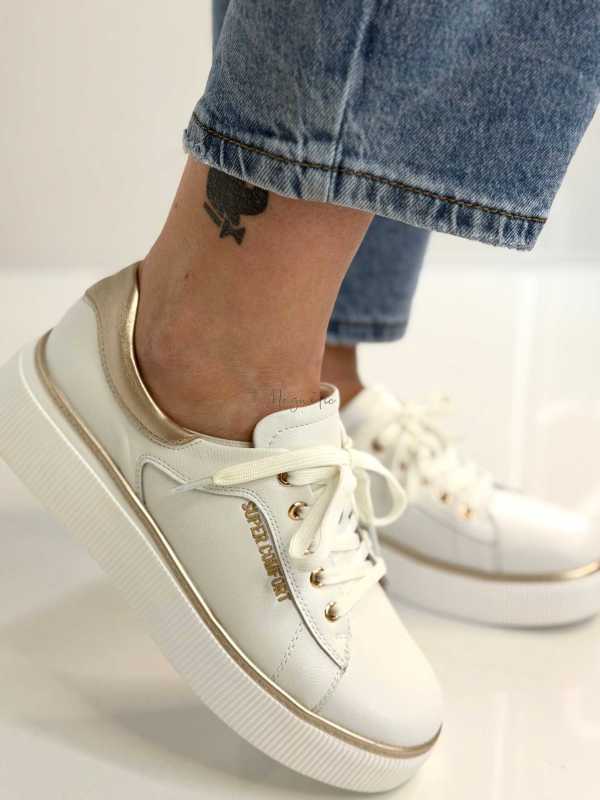 B318 Buty Sneakersy Damskie Premium Skóra Naturalna Biało-Złote na Platformie