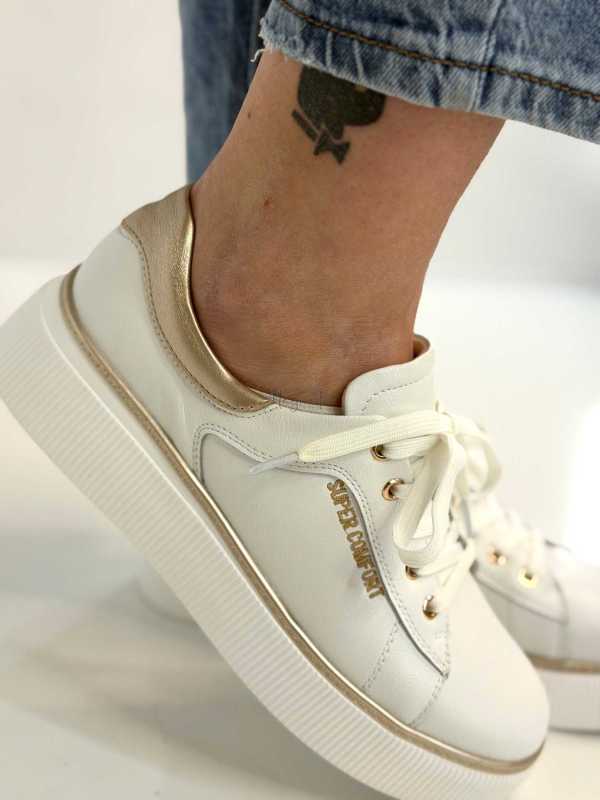 B318 Buty Sneakersy Damskie Premium Skóra Naturalna Biało-Złote na Platformie