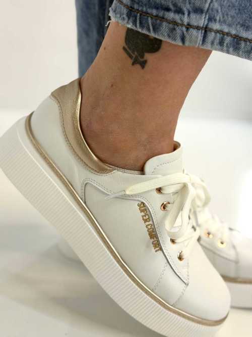 B318 Buty Sneakersy Damskie Premium Skóra Naturalna Biało-Złote na Platformie