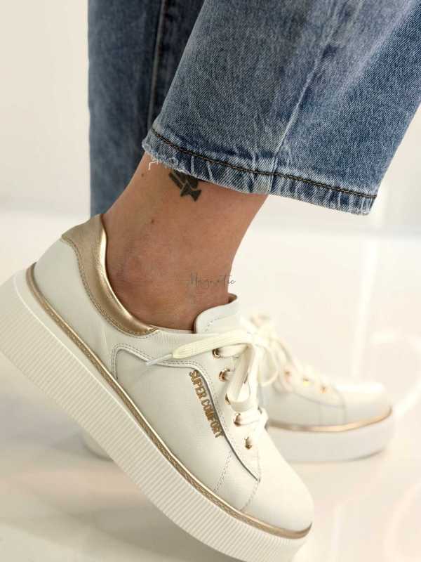 B318 Buty Sneakersy Damskie Premium Skóra Naturalna Biało-Złote na Platformie