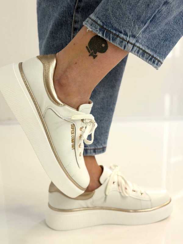 B318 Buty Sneakersy Damskie Premium Skóra Naturalna Biało-Złote na Platformie
