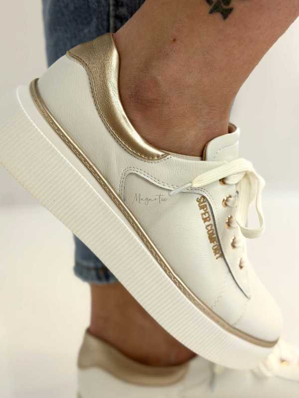 B318 Buty Sneakersy Damskie Premium Skóra Naturalna Biało-Złote na Platformie