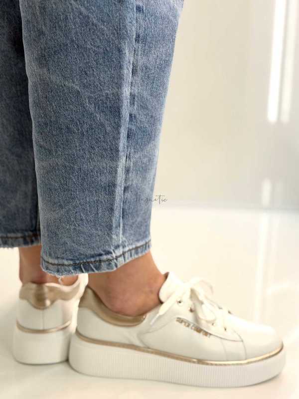 B318 Buty Sneakersy Damskie Premium Skóra Naturalna Biało-Złote na Platformie