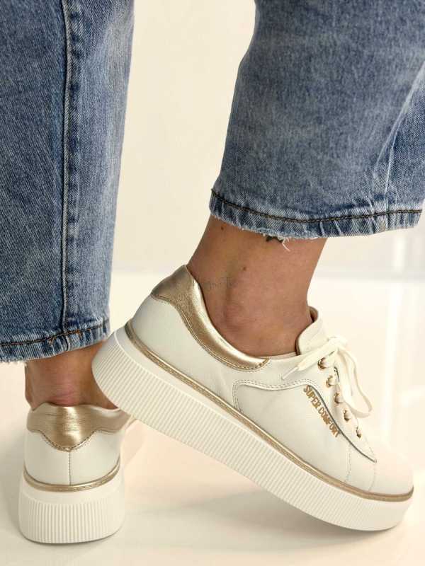 B318 Buty Sneakersy Damskie Premium Skóra Naturalna Biało-Złote na Platformie