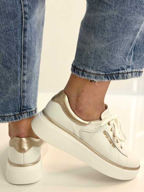 B318 Buty Sneakersy Damskie Premium Skóra Naturalna Biało-Złote na Platformie