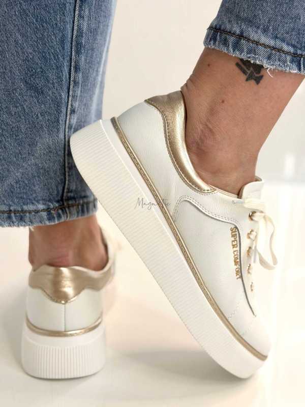 B318 Buty Sneakersy Damskie Premium Skóra Naturalna Biało-Złote na Platformie