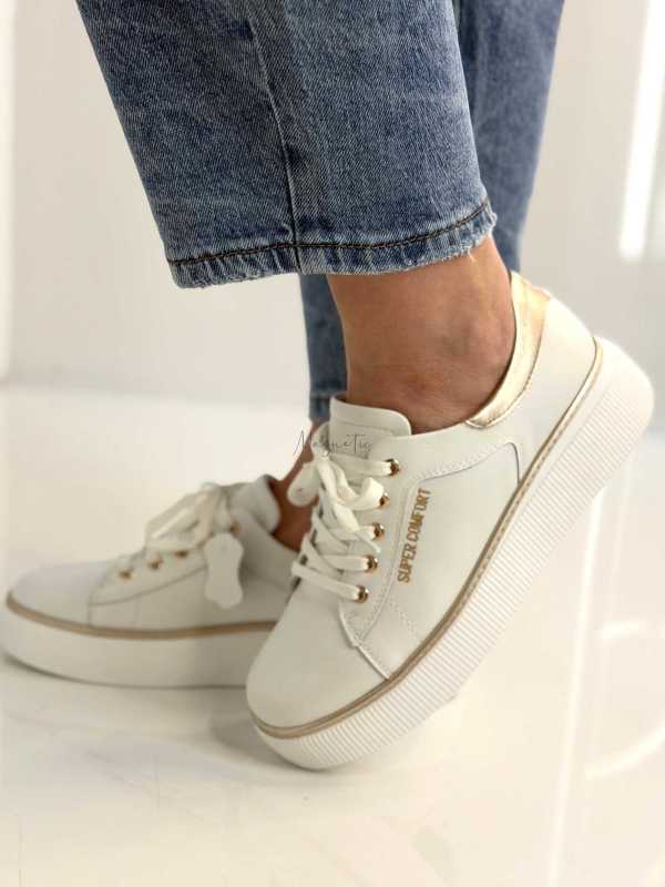 B318 Buty Sneakersy Damskie Premium Skóra Naturalna Biało-Złote na Platformie