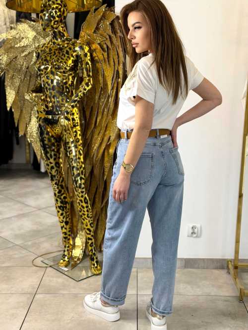 NB270 Spodnie Jeansy Damskie Baloon z Przeszyciami i Paskiem