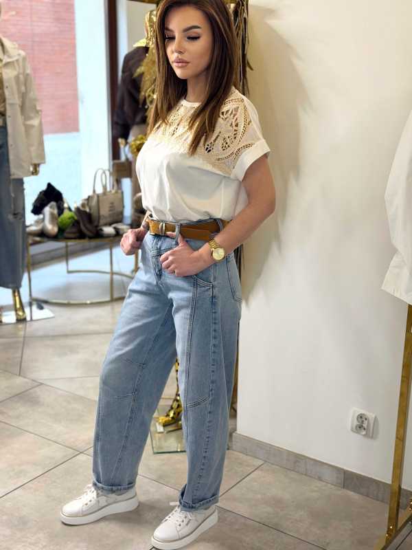 NB270 Spodnie Jeansy Damskie Baloon z Przeszyciami i Paskiem