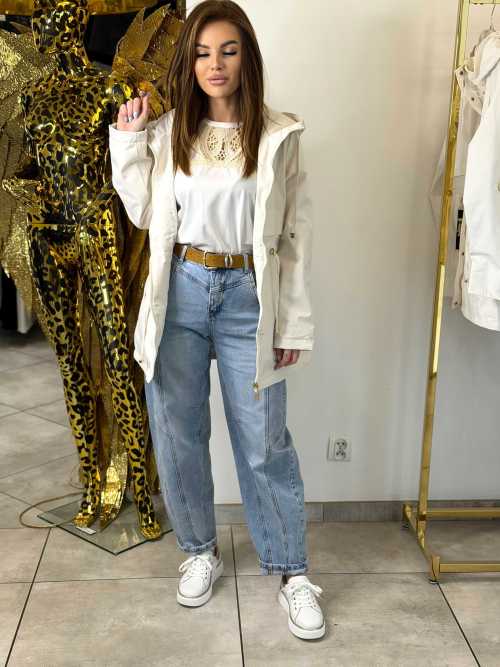 NB279 Kurtka Parka Płaszcz Wiosenny z Kapturem Biała